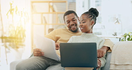 Image showing Black couple, home laptop and web banking of young people planning savings and investment info. Happiness, smile and digital investing and insurance plan of a woman and man on a living room sofa