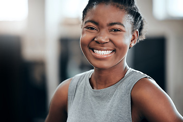 Image showing Smile, portrait or happy black woman at gym for a workout, exercise or training for healthy fitness or wellness. Face of sports girl or proud African athlete smiling or relaxing with positive mindset