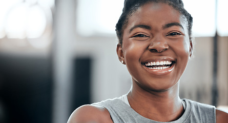 Image showing Break, portrait or black woman laughing in gym for a workout, exercise or training for fitness or wellness. Face of happy sports girl or funny female African athlete smiling with positive mindset