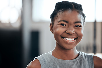 Image showing Break, portrait or happy black woman at gym for a workout, exercise or training for healthy fitness or wellness. Face of sports girl or proud African athlete smiling or relaxing with positive mindset