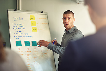 Image showing Web development, mentor with whiteboard and in a business meeting of their modern workplace office together. Presentation or support, brainstorming or data review and coach with coworkers in workshop