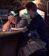 Image showing Drunk man, pub support and friends help person with alcohol problem, drinking crisis or headache in bar. Mistake, burnout and sleeping person depressed over fail, shame or regret drinks