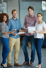 Image showing Team planning, portrait or business people with ideas in meeting for brainstorming together in office. Diversity, digital or IT employees networking with technology, notes or documents in workplace