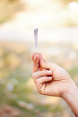 Image showing Marijuana, cannabis or hand with weed joint for a calm peace to relax or help reduce pain, stress or anxiety. Trippy, smoking or closeup of person showing a blunt for mental health benefits outdoors