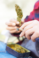 Image showing Marijuana, bud or hands with weed blunt for calm peace to relax or help reduce pain, stress or anxiety. Cannabis head plants, smoking or closeup of person showing a joint for mental health benefits