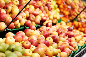 Image showing Health, supermarket and closeup of red apples for nutrition, wellness or organic raw diet. Food, shop and zoom of healthy, natural and fresh fruit in baskets at retail farmers market or grocery store