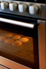 Image showing Cupcake in oven, dessert and bakery confectionery closeup, production and food with sweet baked goods. Luxury snack, baking process with hospitality and catering industry, cake and kitchen appliance