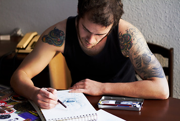 Image showing Art, notebook or man drawing picture, unique creative sketch or cartoon character design. Talent, illustration designer or male artist inspiration for comic, ink tattoo or artwork development process