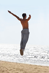 Image showing Freedom, beach and man jump at the ocean with energy celebration and positivity on sky background. Rear view, jumping and and male person excited for milestone, success and achievement in nature