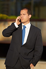 Image showing Phone call, serious or businessman in city planning work project in conversation or communication. Face, broker or financial manager networking for corporate investment or listening to an accountant