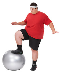 Image showing Exercise ball, balance and plus size man determined to lose weight, body workout diet or focus on fitness health. Gym club equipment, studio challenge and person training isolated on white background