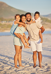 Image showing Mother, father or portrait of happy kids at beach to travel with a smile, joy or love on holiday vacation. Mom, piggyback or dad with children as a family in Mexico with wellness bonding together