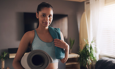 Image showing Yoga, portrait and Indian woman with a mat for fitness, training and workout in her home. Face, smile and female person in a living room for holistic, balance and calm, mental health and exercise