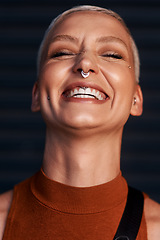 Image showing Woman beauty, laughing and face with hipster and gen z fashion with a smile and piercing. Cool style, happy and cosmetics of a female person with happiness, confidence and jewelry wearing makeup