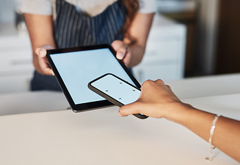 Image showing Woman, hands and mockup screen for payment, ecommerce or tap in electronic purchase at cafe. Hand of female waitress and customer with technology display or tracking markers for fintech transaction