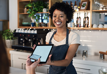 Image showing Happy woman, tablet and mockup screen for payment, ecommerce or tap in electronic purchase at cafe. Female waitress and customer with technology display for fintech transaction or paying at checkout