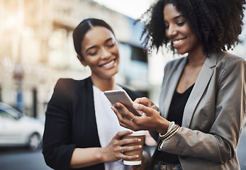 Image showing Happy business people, friends and phone in city for social media, communication or texting on street sidewalk. Woman employees or colleagues smile on mobile smartphone for networking in a urban town