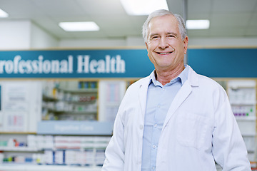 Image showing Happy, senior and portrait of man in pharmacy for medical, pills and retail. Medicine. healthcare and trust with face of pharmacist in drug store for product, wellness and expert advice