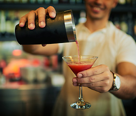 Image showing Barman hands, cocktail drink and happy man make alcohol beverage at pub, night club or drinks bar. Bartender service, restaurant shop and nightclub worker, employee or person prepare liquor liquid