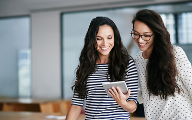 Image showing Happy, women and tablet for creative planning, designer and collaboration in office. Research, smile and female online for graphic design, social media and idea, checking and app development