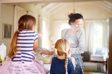 Image showing Mom, playing or children baking in kitchen with messy kids siblings smiling with flour on dirty clothes at home. Smile, happy or parent cooking or teaching fun daughters to bake for child development