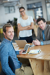 Image showing Teamwork, portrait or happy web designers in meeting for discussion or brainstorming together in office. Diversity, digital or developers networking with technology, tablet or laptop in workplace