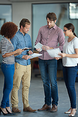 Image showing Team planning, startup or business people with ideas in meeting for brainstorming together in office. Diversity, digital or IT employees networking with technology, notes or documents in workplace