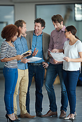 Image showing Teamwork, discussion or business people with ideas in meeting for brainstorming as a group in office. Diversity, collaboration or employees networking or planning with notes or documents in workplace