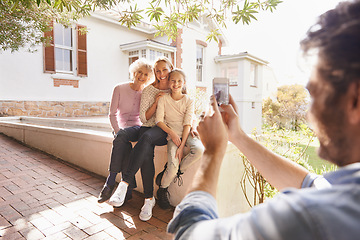 Image showing Picture, family and happy grandma, mother and child bonding, smile and father taking outdoor generations photo. Cellphone, support and happiness of young kid, mom and elderly grandma in home backyard