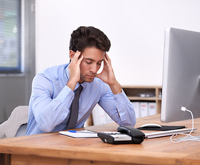 Image showing Stress headache, business man and tired employee from corporate career in office. Anxiety, lawyer deadline and burnout of a male professional with pain, frustrated and staff with fatigue at desk