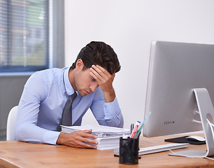 Image showing Stress, business man headache and paperwork with law proposal from corporate career in office. Anxiety, lawyer deadline and burnout of male professional with notes, contract and report with fatigue