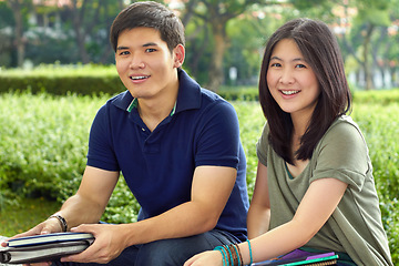 Image showing Students, education and portrait of friends in college for learning, scholarship or knowledge. University, study and future with Asian man and woman on campus for back to school, motivation and youth