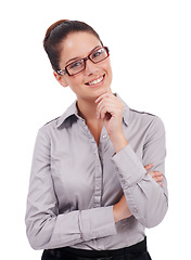 Image showing Studio portrait, happy or corporate woman, consultant or real estate agent smile for startup entrepreneurship success. Profile picture, expert realtor or confident person isolated on white background