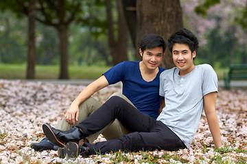 Image showing Asian, gay and men in park, portrait of couple on nature date and life together with homosexual, pride and happiness. Young male people relax outdoor in Korea, LGBT and romance, relationship and love