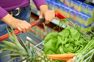 Image showing Woman, shopping cart and customer with grocery, vegetables or fruit and healthy food for diet, nutrition and supermarket. Market, store or person to shop groceries and carrot, lettuce and pineapple