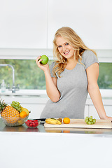 Image showing Fruits, apple or portrait of happy girl for healthy lunch or breakfast meal or diet in kitchen at home. Morning snack, smile or vegan woman eating fresh food to lose weight for wellness or gut health