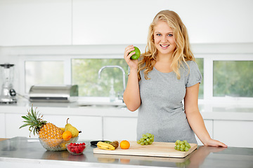 Image showing Fruits, apple or portrait of happy woman for healthy lunch or breakfast meal or diet in kitchen at home. Morning snack, smile or vegan girl eating fresh food to lose weight for wellness or gut health