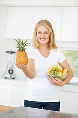 Image showing Fruits, pineapple or portrait of happy woman with healthy lunch or breakfast meal or diet in kitchen at home. Morning, smile or vegan girl with natural food to lose weight for gut health or wellness