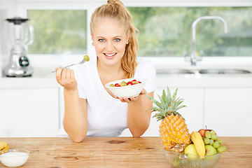 Image showing Fruits, eating or portrait of happy woman with healthy lunch or breakfast meal or diet in kitchen at home. Morning, smile or vegan girl enjoying a salad, food or bowl to lose weight for wellness