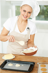 Image showing Happy woman, portrait or chef baking cookies with dough or pastry in a bakery kitchen with recipe. Food business, dessert tray or girl baker working in preparation of a sweet meal, cake or biscuit