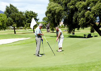 Image showing Man with flag, old woman or golfer on golf course for a birdie, putting stroke or exercise in retirement. Senior couple, mature or serious player training in golfing sports game driving with a club