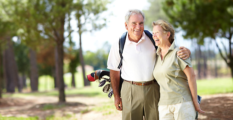 Image showing Happy old couple, hug or portrait of golfers in fitness workout, exercise or round on course or field. Embrace, elderly man hugging, laughing or smiling in golfing sports game with funny senior woman