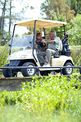 Image showing Golf cart, old couple or happy golfers driving on course in fitness workout or exercise while talking together. Mature man driver, senior woman golfing or people training in sports game in retirement