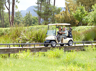 Image showing Golf cart, old couple or golfers driving on field in fitness workout or exercise on green course together. Mature male driver, senior woman golfing or people training in sports game in retirement