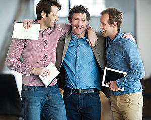 Image showing Support, teamwork or happy business people hug for motivation for mission, collaboration or goals. Team building, group or excited startup developers laughing with smile, pride or solidarity together