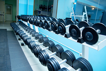 Image showing Dumbbells, empty gym interior and fitness with equipment for wellness, healthy bodybuilding or training. Exercise, workout or health club with metal weights on shelf, strong body development or sport