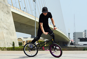 Image showing Urban cycling, trick and man on bicycle for sports, balance and action in city street. Cool male person, cycle stunt and control of biker in town for skill, performance and freedom of motion outdoor