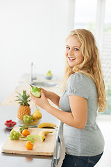 Image showing Fruit, peeling apple or portrait of woman with a morning snack, breakfast meal or diet in kitchen at home. Healthy lunch, plus size or happy girl eating food to lose weight for wellness or gut health