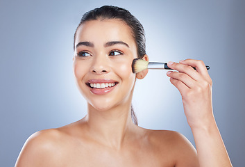 Image showing Makeup, brush and happy asian woman studio with cheek tool, cosmetics and application on grey background. Face, smile and lady wellness model with beauty, glamour or contour, results or cover routine