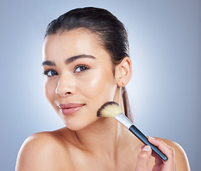 Image showing Makeup, brush and asian woman portrait in studio with cheek tool, cosmetics or application on grey background. Face, shade and lady wellness model with beauty, glamour or contour, results or cover